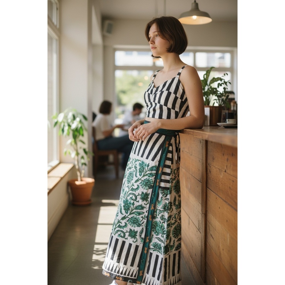 MO MAYA Two Piece Set Crop Top Maxi Skirt Green Black White Floral Leopard Print